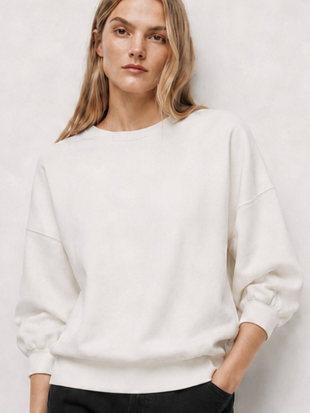 ALLSAINTS DISTRESSED 3/4 SLEEVE LENGTH CREW NECK SWEATSHIRT | OFF-WHITE | SMALL